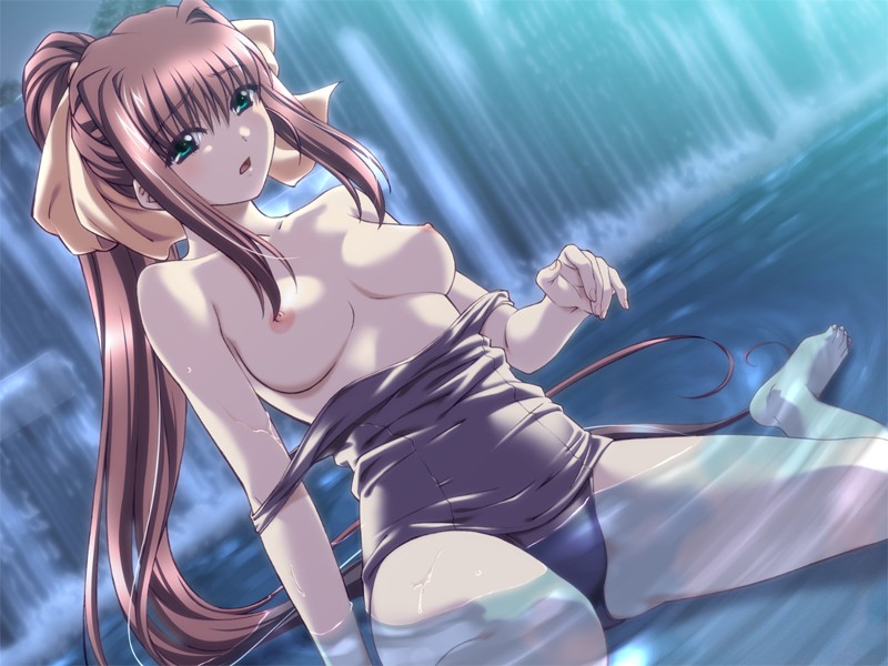santa matsuri, nanase ren, mink (company), yakin byoutou, game cg, 00s, 1girl, barefoot, bow, breasts, clothes pull, dutch angle, female focus, green eyes, hair bow, high ponytail, large breasts, long hair, nipples, one-piece swimsuit, one-piece swimsuit pull, open mouth, pink hair, ponytail, pull, pulling, school swimsuit, sitting, solo, swimsuit, topless female, undressing, very long hair, wariza, water, wet