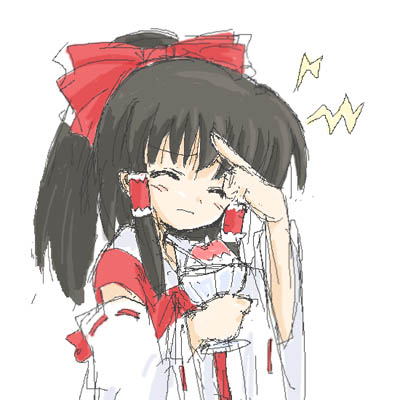 hakurei reimu, touhou, jpeg artifacts, lowres, 1girl, brain freeze, female focus, food, shaved ice, sketch, solo
