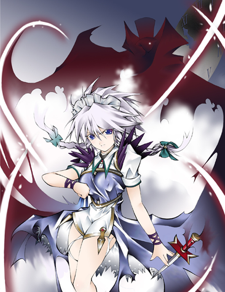 chaotic-unknown, izayoi sakuya, touhou, 1girl, adapted costume, blue dress, blue eyes, braid, chaoticunknown, dress, female focus, knife, maid, serious, short hair, solo, torn clothes, twin braids, white hair