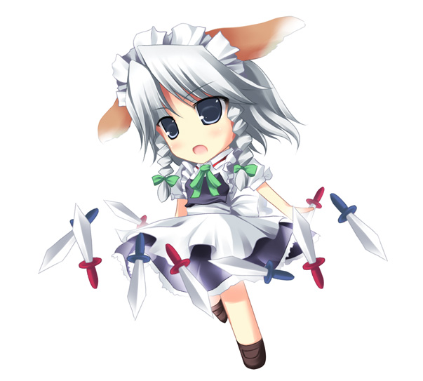 inu sakuya (nejikirio), izayoi sakuya, touhou, silver hair, 1girl, animal ears, braid, chibi, chibi only, dog ears, female focus, kemonomimi mode, knife, maid, short hair, solo, twin braids