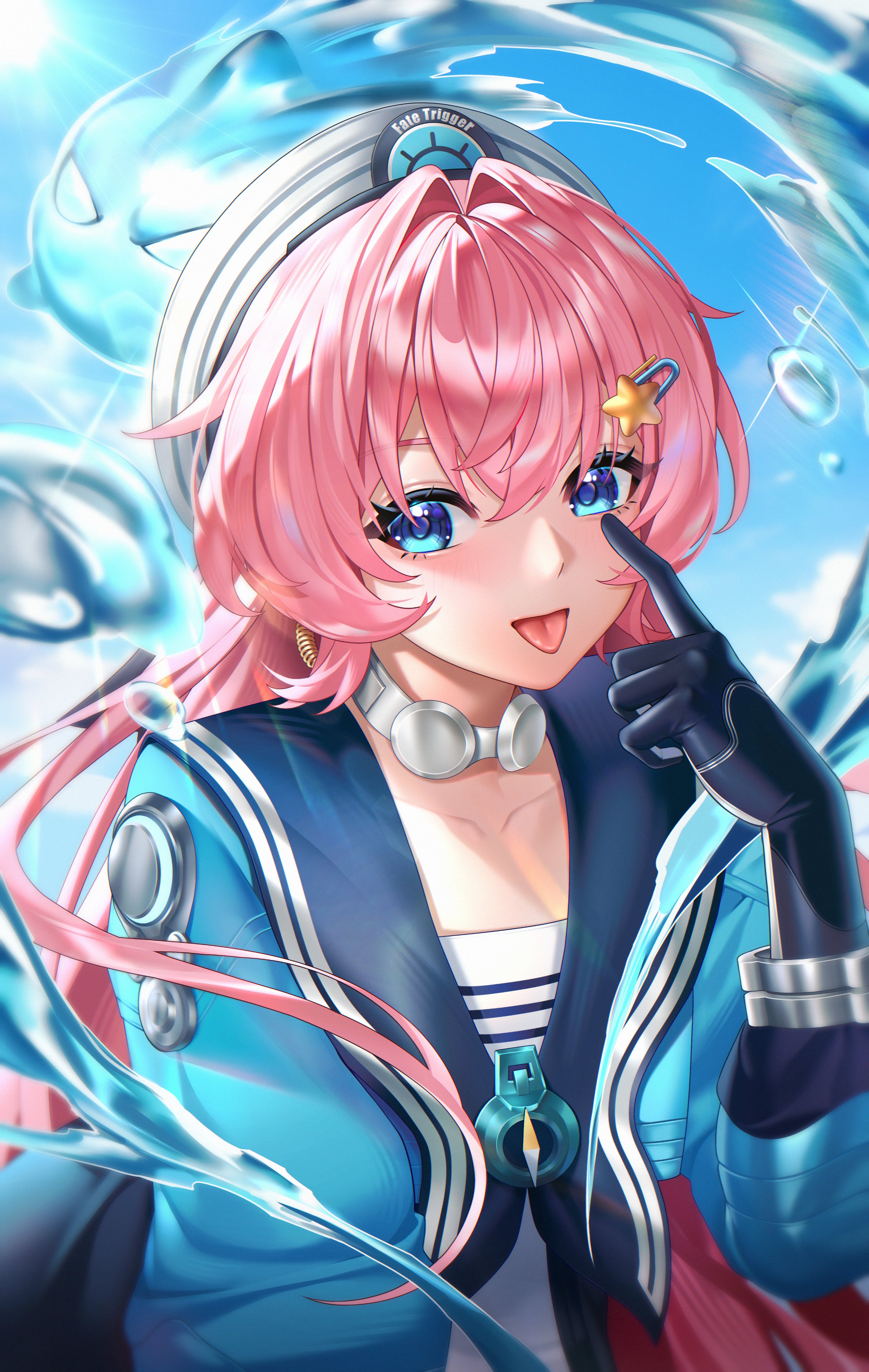 ymmy203203, fate trigger: the novita, absurdres, highres, 1girl, blue eyes, hair flip, hair ornament, hairpin, hand up, hands up, hat, long hair, looking at viewer, nase (trigger of fate the novita), open mouth, pink hair, solo, tongue, tongue out