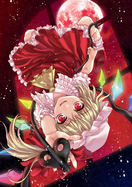 sato-pon, flandre scarlet, touhou, 1girl, blonde hair, blouse, collared shirt, female focus, hat, laevatein, mob cap, moon, red eyes, red moon, shirt, socks, solo, white hat, white shirt, white socks, wings