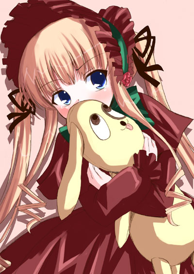 shinshin, kunkun, shinku, rozen maiden, 00s, 1girl, blonde hair, blue eyes, blush, bonnet, doll, dress, female focus, hair ribbon, ribbon, shy, solo, stuffed animal, stuffed toy, tears, twintails