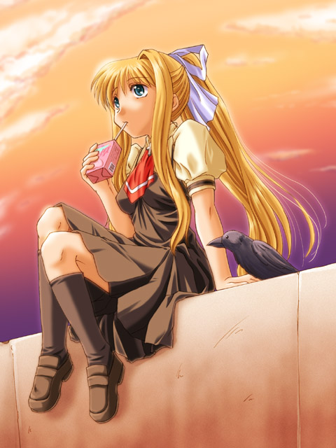 kamio misuzu, sora (air), air (visual novel), 00s, 1girl, bird, blonde hair, blue eyes, bow, cloud, crow, female focus, hair bow, hair ribbon, juice box, kneehighs, long hair, ponytail, ribbon, school uniform, shoes, socks, solo, very long hair
