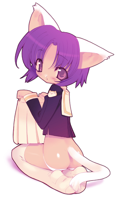 blade (galaxist), animal ears, bottomless, cat ears, cat tail, lowleg, lowleg panties, no pants, panties, pleated skirt, purple eyes, purple hair, school uniform, serafuku, skirt, solo, tail, thighhighs, underwear, undressing, white panties, white thighhighs
