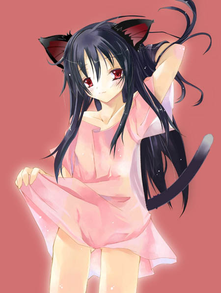 1girl, animal ears, arm behind back, black hair, cat ears, clothes lift, female focus, lifting own clothes, long hair, simple background, skirt, skirt lift, solo