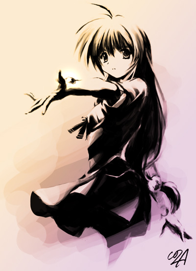 komatsu eiji, iriya kana, iriya no sora ufo no natsu, 00s, 1girl, female focus, iriya, long hair, low-tied long hair, monochrome, oekaki, outstretched arm, outstretched hand, reaching, solo