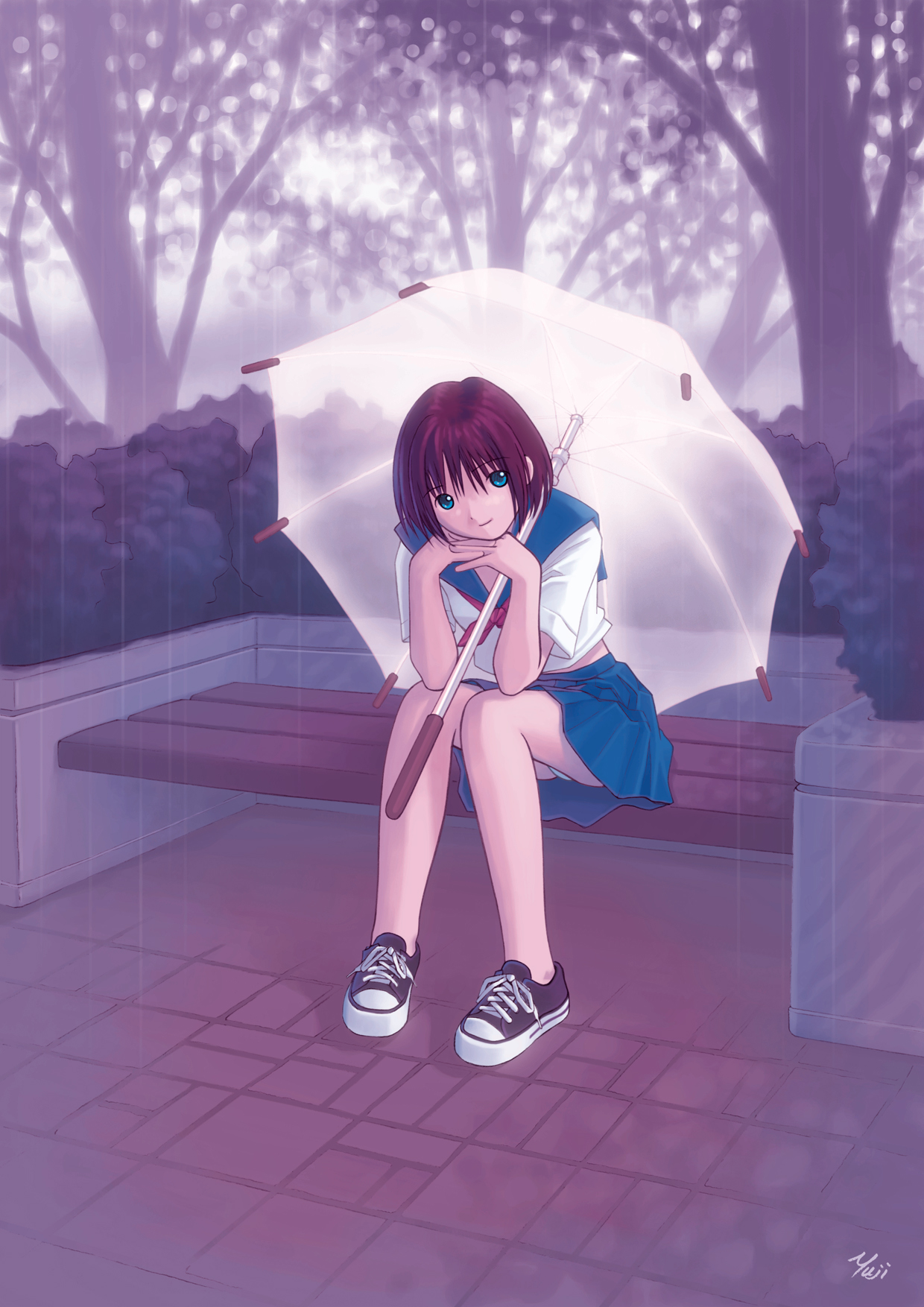 kobayashi yuji, original, highres, 1girl, no socks, pleated skirt, school uniform, serafuku, skirt, solo, umbrella