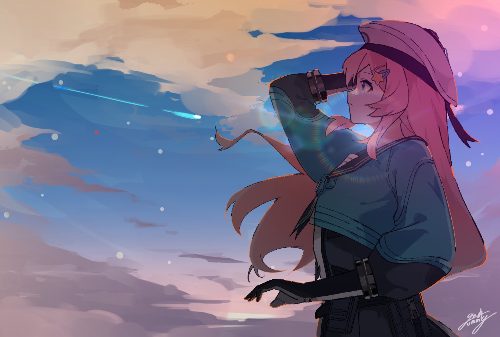 kuchitomegumi, fate trigger: the novita, highres, 1girl, blue eyes, hair ornament, hairpin, hands up, hat, holding, long hair, nase (trigger of fate the novita), pink hair, solo