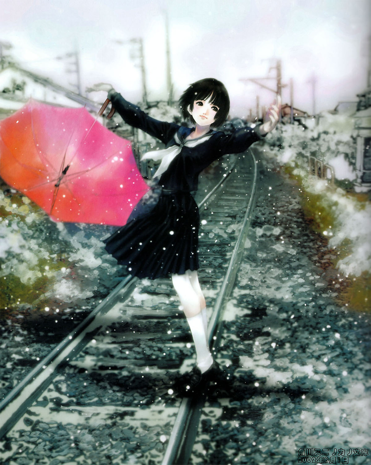 mikimoto haruhiko, original, highres, 1girl, balancing, black hair, black shoes, female focus, orange umbrella, pleated skirt, railroad tracks, railroadtracks, school uniform, serafuku, shoes, short hair, skirt, snow, snowing, solo, umbrella