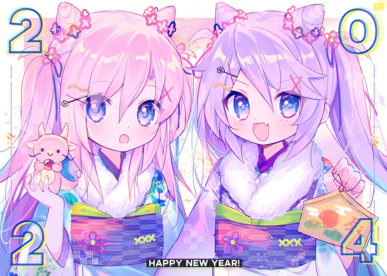 d omm, original, 2024, 2girls, :d, :o, blue eyes, blush, dot nose, double bun, fang, fur-trimmed kimono, fur trim, hair between eyes, hair bun, hair ornament, hairclip, happy new year, holding ema, japanese clothes, kimono, long hair, long sleeves, multiple girls, new year, obi, open mouth, pastel colors, pink hair, purple hair, sash, siblings, side-by-side, sidelocks, skin fang, smile, swept bangs, twins, twintails, upper body, x hair ornament