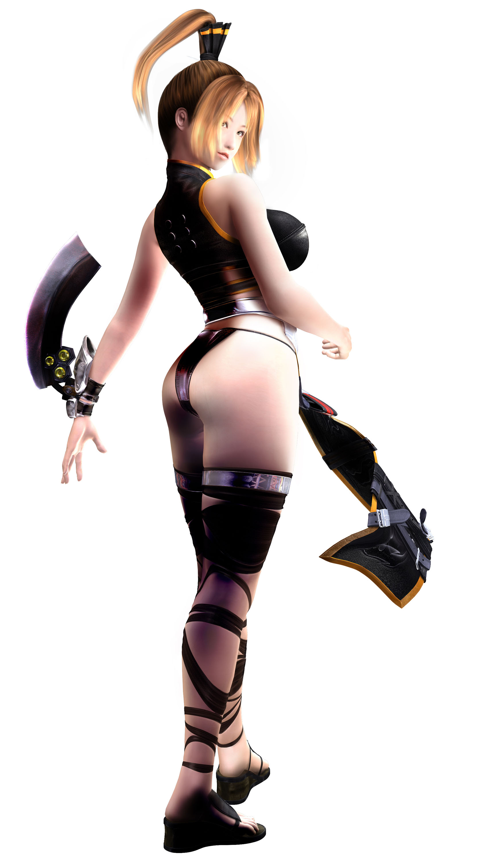hotaru (des blood vr), des blood vr, absurdres, highres, 1girl, 3d, female focus, high ponytail, parted bangs, ponytail, simple background, solo, sword, thigh strap, thighhighs, thighs, weapon, white background