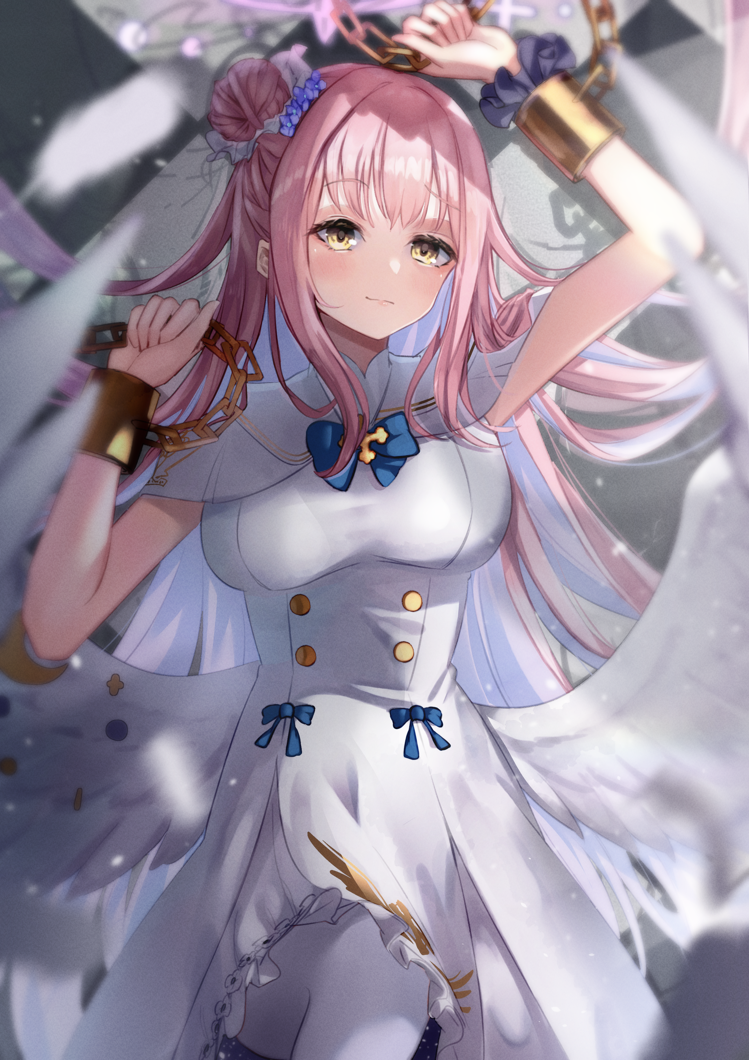 e buki, mika (blue archive), blue archive, absurdres, highres, 1girl, angel wings, blue bow, blue bowtie, bow, bowtie, breasts, buttons, capelet, chain, closed mouth, double-breasted, dress, feathered wings, frilled dress, frills, hair bun, halo, high-waist skirt, high heels, holding, holding chain, long hair, low wings, medium breasts, medium dress, pantyhose, pink hair, pink halo, pumps, restrained, scrunchie, single hair bun, single side bun, skirt, sleeveless, sleeveless dress, smile, solo, very long hair, white capelet, white dress, white pantyhose, white skirt, white wings, wing ornament, wings, wrist scrunchie, yellow eyes