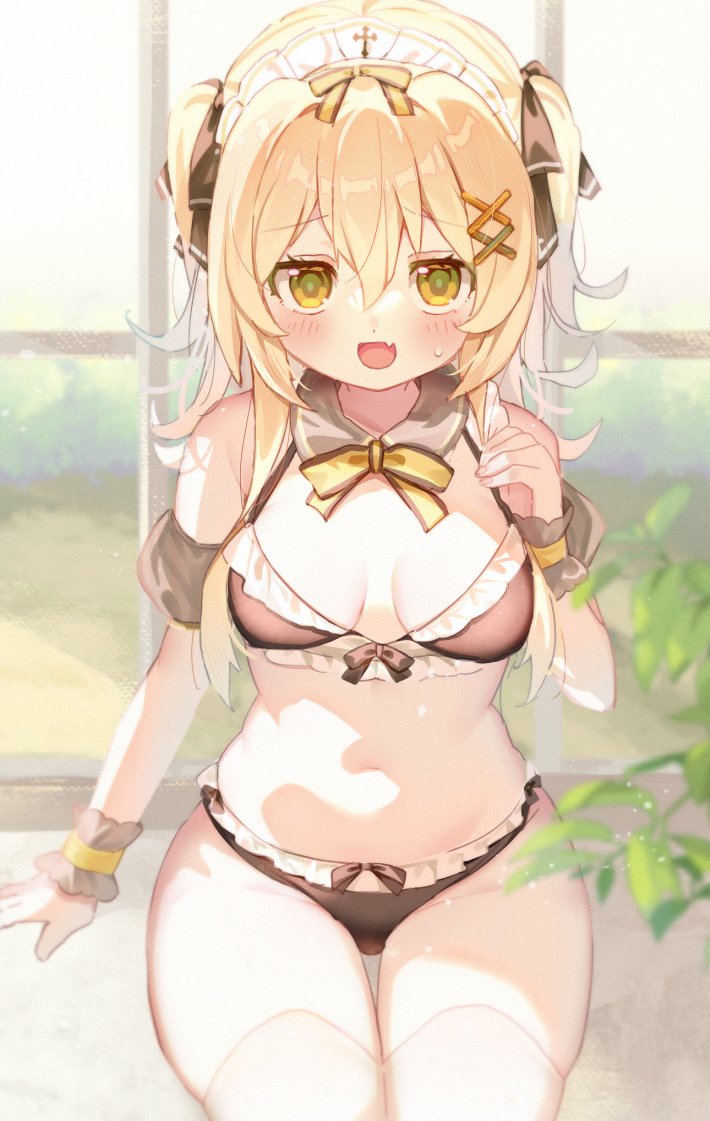 d omm, original, 1girl, bikini, blonde hair, breasts, cowboy shot, fang, front-tie bikini top, front-tie top, hair between eyes, hair ribbon, open mouth, ribbon, sitting, skin fang, sweatdrop, swimsuit, two side up, yellow eyes