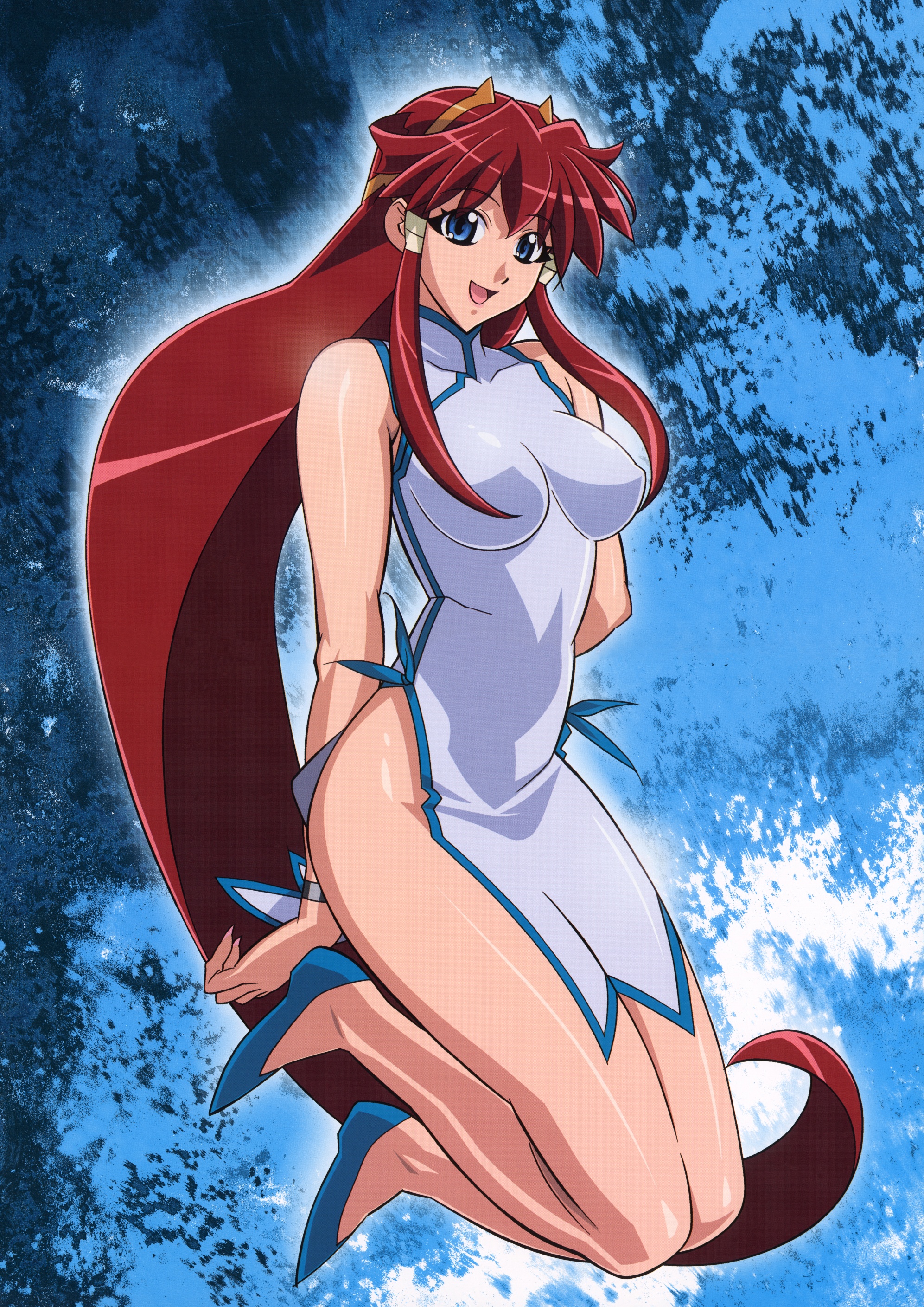 kuroda kazuya, dita liebely, vandread, absurdres, highres, 00s, 1girl, bare shoulders, blue eyes, china dress, chinese clothes, covered erect nipples, dress, female focus, jumping, long hair, open mouth, pinup (style), red hair, smile, solo, very long hair