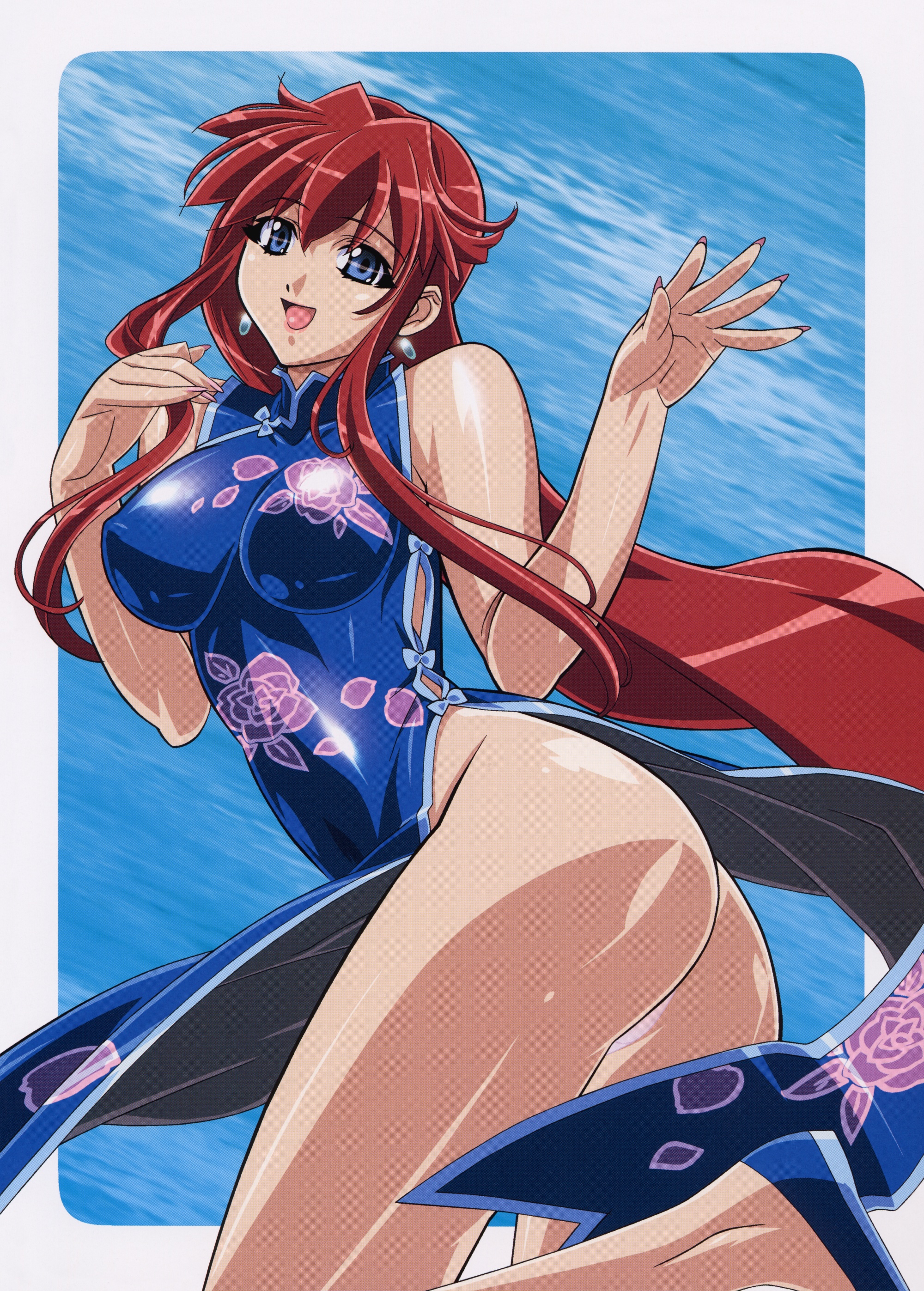 kuroda kazuya, dita liebely, vandread, absurdres, highres, 00s, 1girl, ass, blue eyes, border, breasts, china dress, chinese clothes, dress, earrings, female focus, fingernails, impossible clothes, jewelry, large breasts, legs, long hair, looking at viewer, open mouth, panties, pantyshot, red hair, revealing clothes, simple background, skin tight, smile, solo, underwear, very long hair