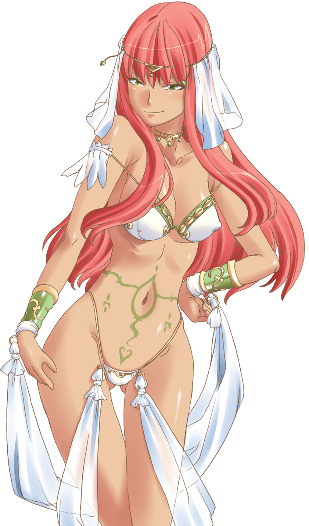 fuwa daisuke, francesca (tekoire princess!), tekoire princess!, highres, 1girl, arabian clothes, belly dancer, bikini, bracelet, breasts, choker, circlet, cleavage, covered erect nipples, dancer, feathers, female focus, green eyes, gypsy, hand on own hip, hip focus, jewelry, long hair, looking at viewer, lots of jewelry, medium breasts, naughty face, navel, orange hair, pink hair, pubic tattoo, red hair, see-through clothes, shawl, smile, solo, standing, string bikini, swimsuit, tattoo, thigh gap, thighs, transparent background, veil, white bikini