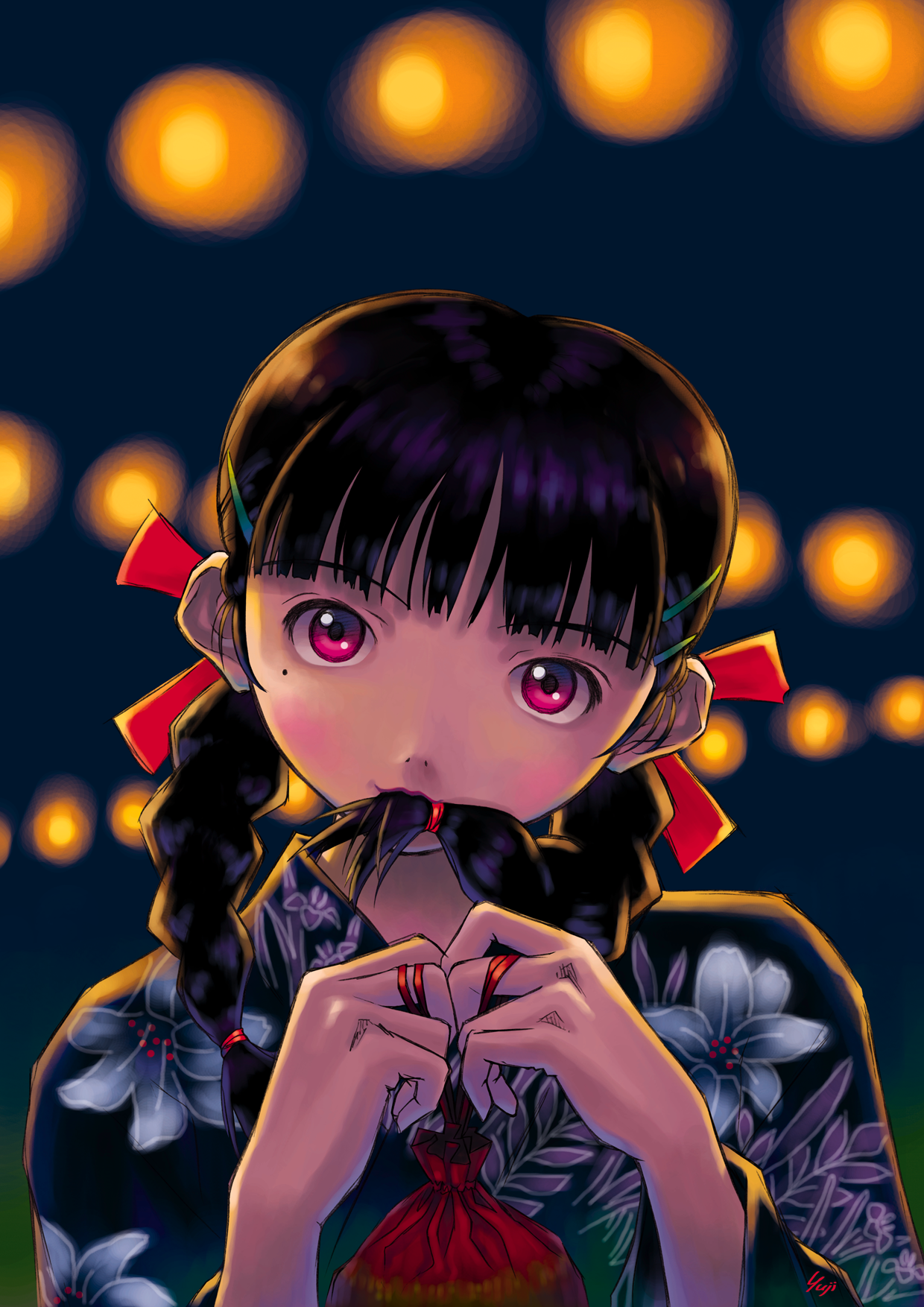 kobayashi yuji, original, highres, 1girl, artist name, backlighting, black hair, blunt bangs, braid, female focus, floral print, hair in own mouth, hair ornament, hairclip, head tilt, japanese clothes, kimono, long hair, looking at viewer, mole, mole under eye, pink eyes, solo, twin braids, upper body, yukata