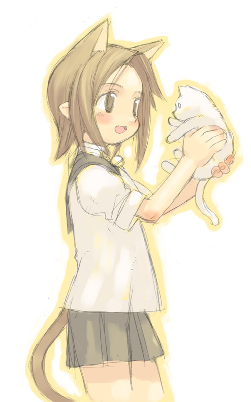 kuroboshi kouhaku, 1girl, animal ears, cat, cat ears, female focus, neck bell, oekaki, pleated skirt, school uniform, serafuku, skirt, solo