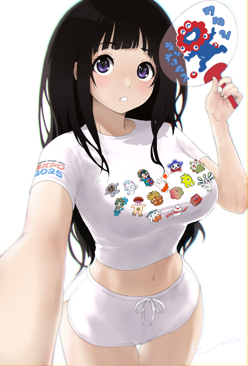 tono51044448, chitanda eru, myaku-myaku, expo2025, hyouka, commentary request, highres, 1girl, black hair, blunt bangs, breasts, cowboy shot, cropped shirt, foreshortening, hand fan, large breasts, long hair, looking at viewer, navel, paper fan, parted lips, print fan, print shirt, purple eyes, reaching, reaching towards viewer, selfie, shirt, shorts, simple background, solo, t-shirt, uchiwa, white background, white shirt, white shorts