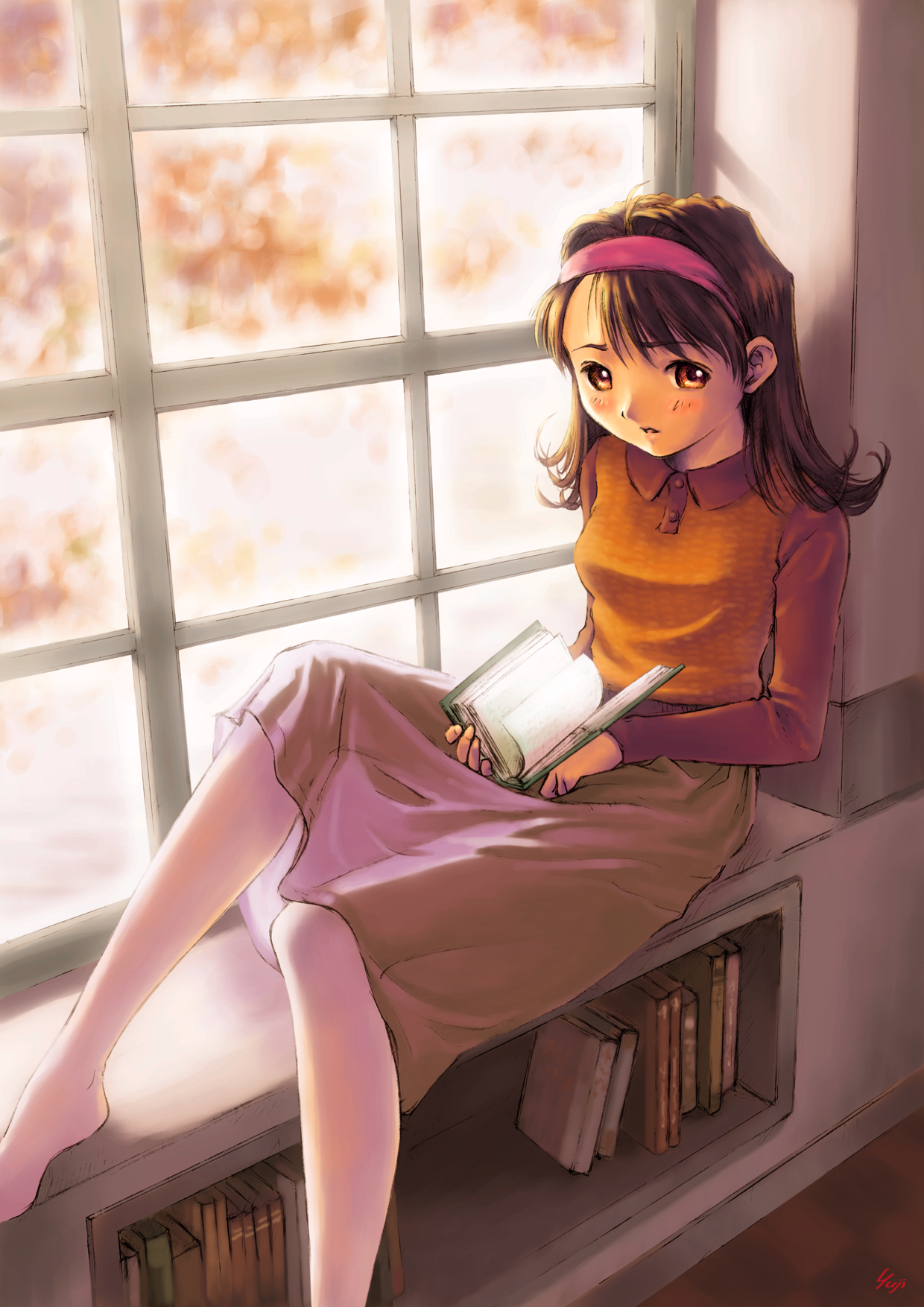 kobayashi yuji, copyright request, highres, 1girl, blurry, blush, book, bookshelf, breasts, brown eyes, brown hair, checkered background, depth of field, female focus, female masturbation, hairband, holding, holding book, indoors, knee up, long hair, looking at viewer, masturbation, masturbation through clothes, no shoes, open book, pantyhose, pink hairband, sitting, sitting in window, skirt, small breasts, socks, solo, window, windowsill