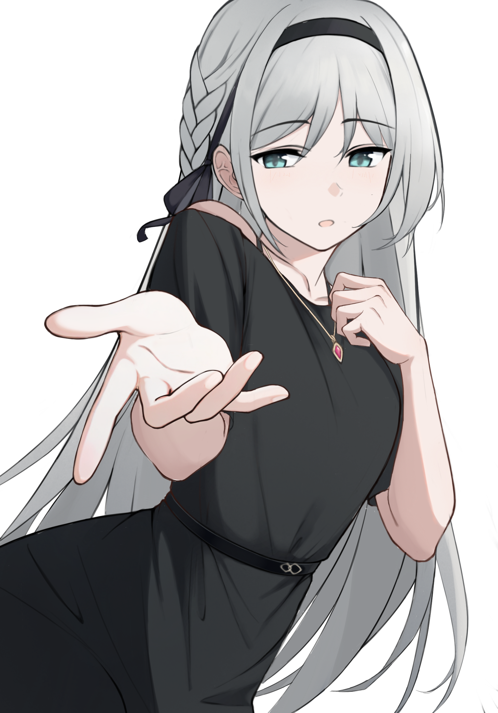 sharp-pig, an-94 (girls' frontline), girls' frontline, commentary, highres, 1girl, aqua eyes, black dress, black ribbon, dress, foreshortening, grey hair, hair ribbon, jewelry, looking at viewer, necklace, offering hand, official alternate costume, open mouth, ribbon, simple background, solo, white background