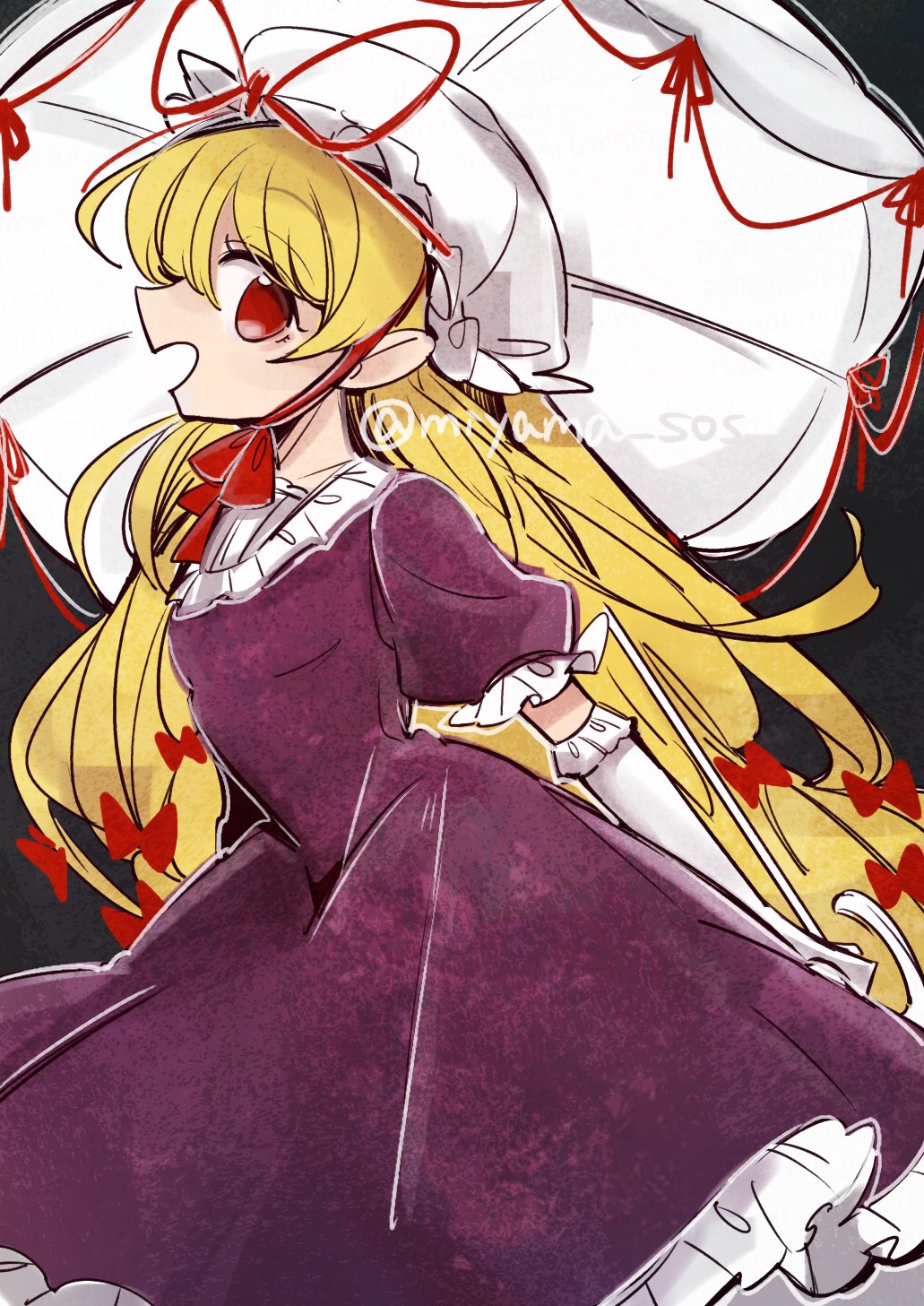 tama (hiroshige 36), yakumo yukari, touhou, highres, 1girl, black background, blonde hair, choker, dress, elbow gloves, frills, from side, gloves, hair ribbon, hat, holding, holding umbrella, long hair, looking at viewer, looking to the side, mob cap, open mouth, purple dress, red eyes, ribbon, ribbon choker, short sleeves, smile, solo, twitter username, umbrella, very long hair, white gloves