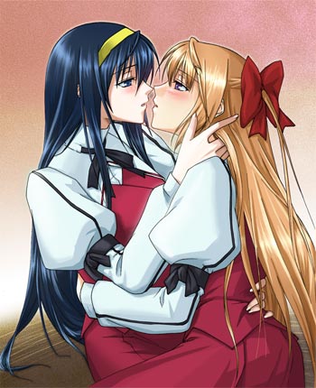 fervent idiot, himemiya chikane, kurusugawa himeko, kannazuki no miko, eyebrows, light brown hair, lowres, 00s, 2girls, blue eyes, blue hair, blush, couple, eye contact, hair ribbon, hairband, half-closed eyes, half updo, hand on another's neck, holding, hug, imminent kiss, kiss, long hair, long sleeves, looking at another, multiple girls, puffy sleeves, purple eyes, ribbon, school uniform, very long hair, yellow hairband, yuri