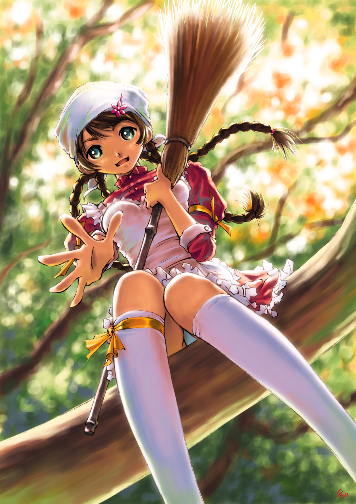 kobayashi yuji, arika yumemiya, my-otome, highres, 00s, 1girl, bandana, blue panties, braid, broom, brown hair, dress, female focus, frills, from below, green eyes, hair ornament, hairclip, in tree, kneehighs, maid, nature, outdoors, outstretched arm, outstretched hand, panties, pantyshot, quad tails, reaching, ribbon, sitting, sitting in tree, socks, solo, thighhighs, tree, underwear, upskirt, white panties, white socks, white thighhighs