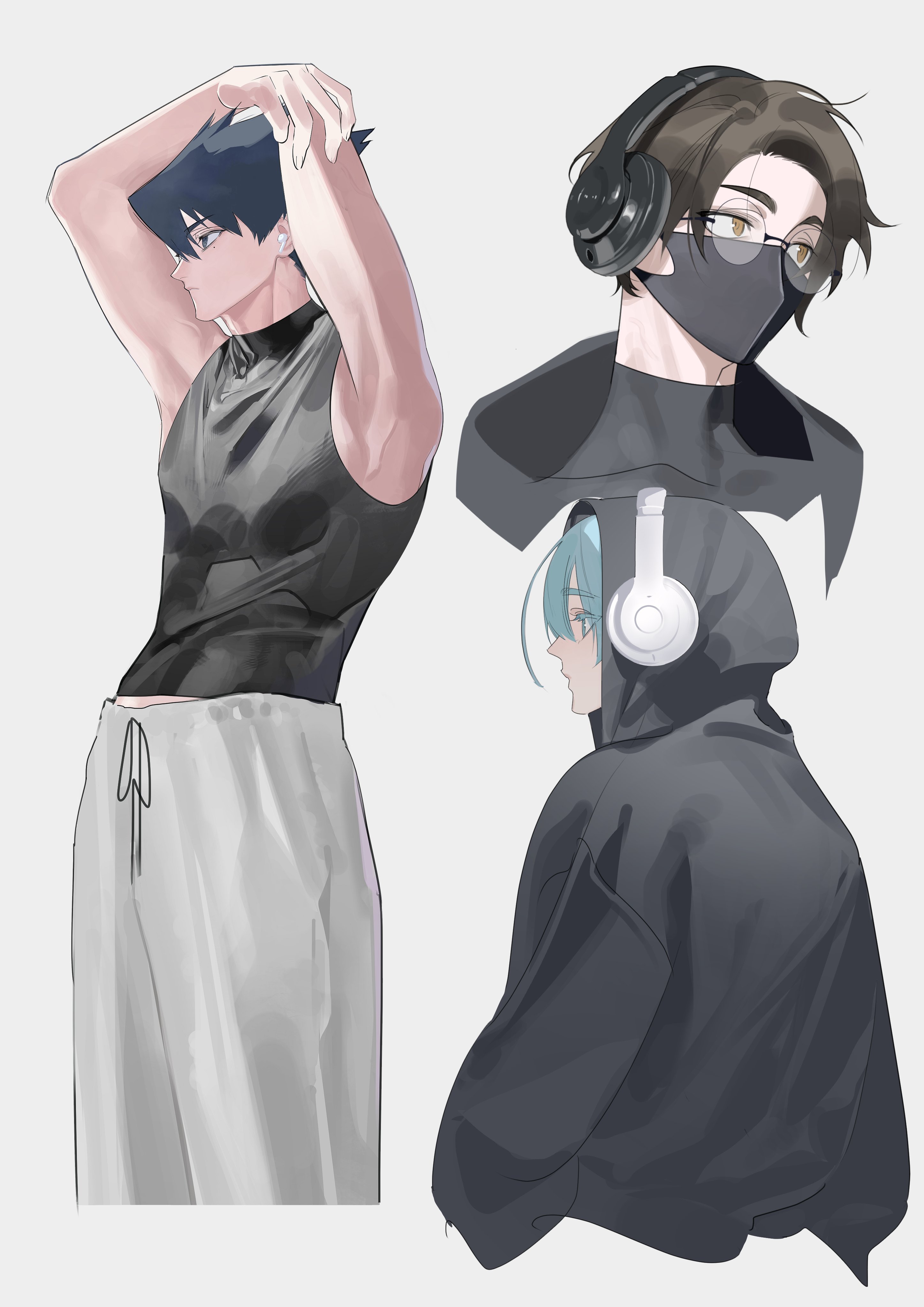 karasu tabito, you hiori, yukimiya kenyu, blue lock, absurdres, hashtag-only commentary, highres, 3boys, alternate costume, aqua eyes, aqua hair, armpits, arms up, black hair, blue eyes, brown hair, collarbone, cropped legs, glasses, grey background, headphones, hood, hoodie, linus 02202, male focus, mask, mole, mole under eye, mouth mask, multiple boys, round eyewear, short hair, simple background, sleeveless, yellow eyes