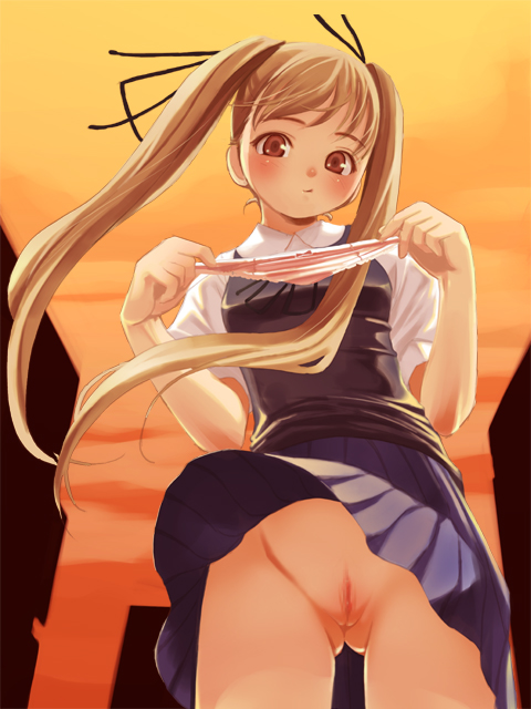 artist request, 1girl, blush, female focus, hair ribbon, holding, holding panties, holding underwear, holding unworn clothes, loli, long hair, no panties, orange eyes, panties, pleated skirt, pussy, ribbon, school uniform, serafuku, skirt, solo, sunset, sweater, sweater vest, twintails, uncensored, underwear, unworn panties, vest, wind, wind lift
