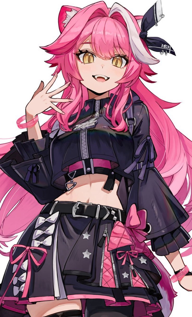 kuroi susumu, raora panthera, hololive, hololive english, highres, 1girl, :d, animal ears, black jacket, black skirt, breasts, center-flap bangs, cropped jacket, cropped shirt, double-parted bangs, hololive idol uniform (color rise), idol clothes, jacket, large breasts, long hair, looking at viewer, miniskirt, multicolored hair, official alternate costume, open mouth, panther ears, panther girl, panther tail, pink hair, sidelocks, skirt, smile, solo, streaked hair, tail, teeth, upper teeth only, very long hair, virtual youtuber, white hair, yellow eyes