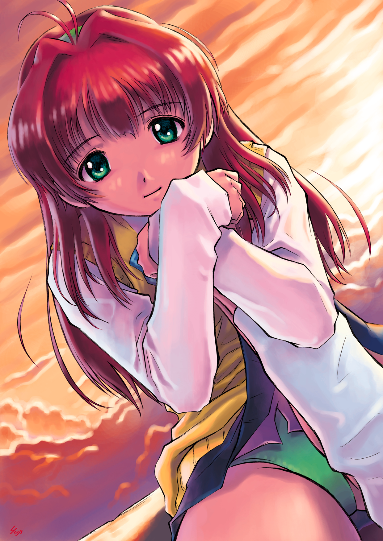 kobayashi yuji, mizuno makoto (green), green (game), highres, 1girl, antenna hair, artist name, bow, bowtie, clothes lift, cloud, crossed arms, dutch angle, female focus, green eyes, green panties, hair intakes, hairband, hugging own legs, kneehighs, leg lift, long hair, long sleeves, looking at viewer, loose socks, miniskirt, panties, pantyshot, pleated skirt, red hair, school uniform, serafuku, signature, sitting, skirt, skirt lift, sky, sleeves past wrists, smile, socks, solo, sunset, sweater vest, underwear, upskirt, vest, white socks