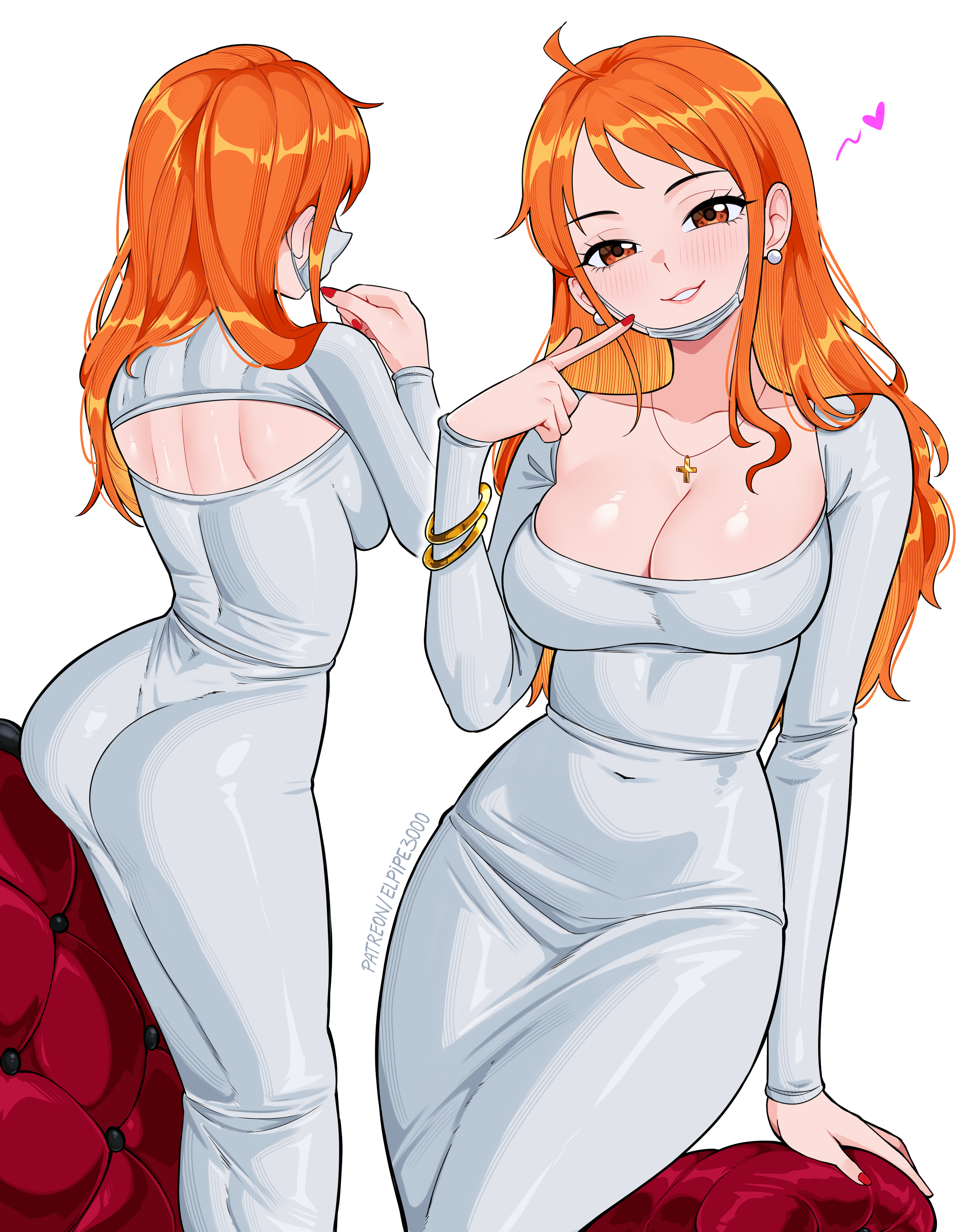 elpipe 3000, nami (one piece), one piece, absurdres, commentary, english commentary, highres, 1girl, alternate costume, arm support, ass, back cutout, bangle, blush, bracelet, breasts, brown eyes, cleavage, clothing cutout, collarbone, couch, cross, cross necklace, dongtan dress, dress, earrings, feet out of frame, finger to cheek, grey dress, heart, jewelry, large breasts, long hair, long sleeves, looking at viewer, mask, mask pull, mouth mask, multiple views, nail polish, necklace, orange eyes, orange hair, parted lips, patreon username, pearl earrings, red nails, simple background, smile, tight clothes, tight dress, wavy hair, white background
