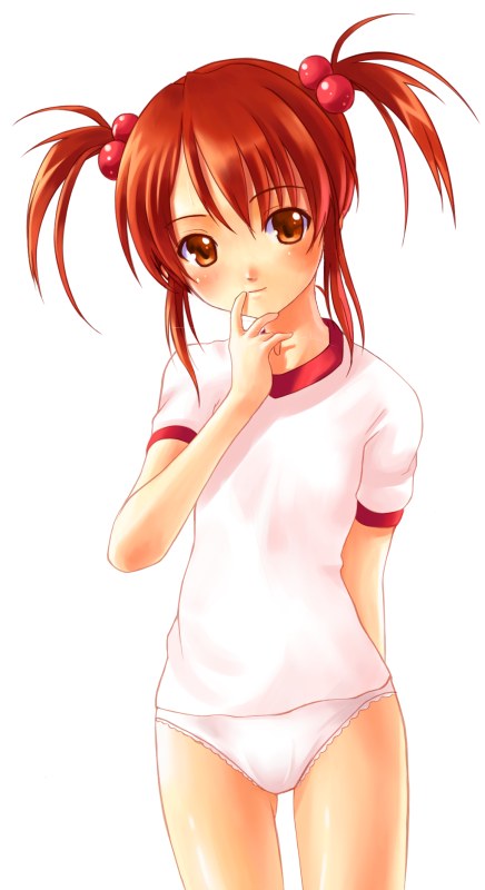 akamaru, coquelicot (sakura taisen), sakura taisen, sakura taisen iii, 00s, 1girl, blush, female focus, flat chest, hair bobbles, hair ornament, lace, lace-trimmed panties, lace trim, loli, no pants, panties, red eyes, red hair, school uniform, serafuku, short twintails, solo, twintails, underwear, white panties