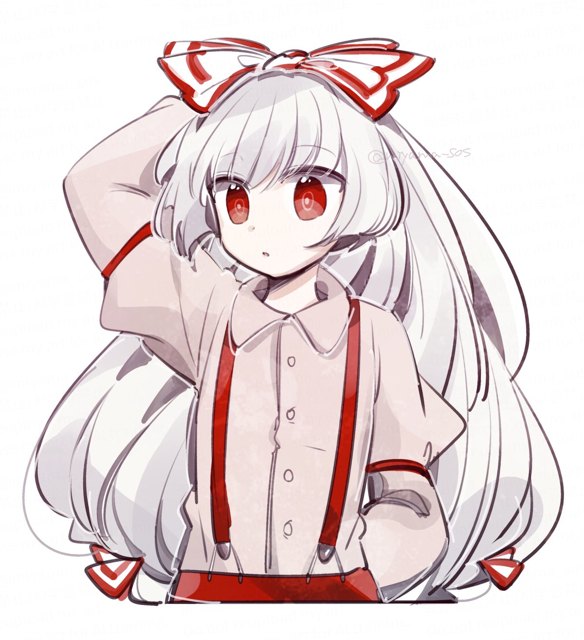 tama (hiroshige 36), fujiwara no mokou, touhou, highres, 1girl, :o, arm behind head, bow, collared shirt, hair bow, long hair, long sleeves, open mouth, pants, red eyes, red pants, shirt, solo, twitter username, upper body, very long hair, white background, white hair, white shirt