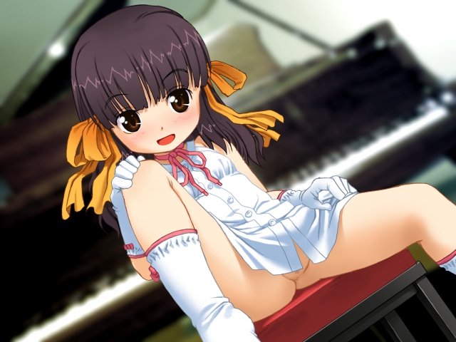 yoshida seiji, takashina ayame, ayame princess intermezzo, princess pianissimo, princess pianissimo ~naisho no beyer~, game cg, 1girl, :d, bare shoulders, black hair, blunt bangs, blurry, blush, brown eyes, buttons, censored, choker, depth of field, dress, dutch angle, female focus, femdom, flat chest, gloves, grand piano, hair ribbon, hand on own knee, hand on own thigh, happy, instrument, knee up, loli, lolidom, looking at viewer, mosaic censoring, neck ribbon, no panties, open mouth, photo background, piano, piano bench, princess pianissimo uff5enaisho no beyeruff5e, pussy, pussy peek, ribbon, ribbon choker, short dress, sitting, smile, socks, solo, spread legs, spread pussy, white dress, white gloves