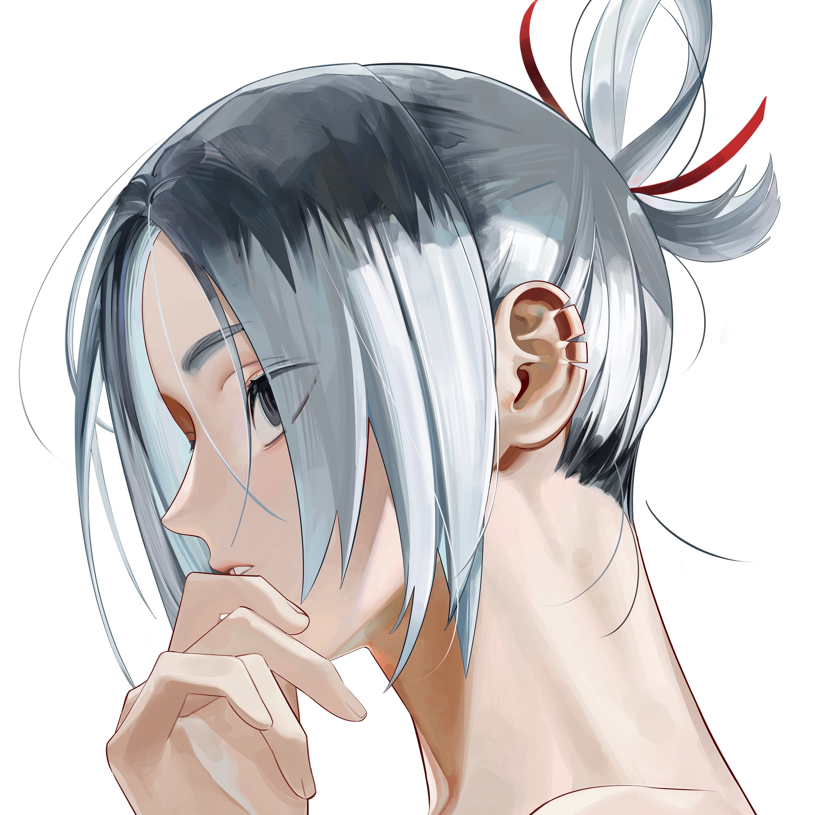 gagamaru gin, blue lock, absurdres, highres, 1boy, black eyes, black hair, fingernails, from side, linus 02202, male focus, multicolored hair, portrait, short hair, solo, two-tone hair, white hair