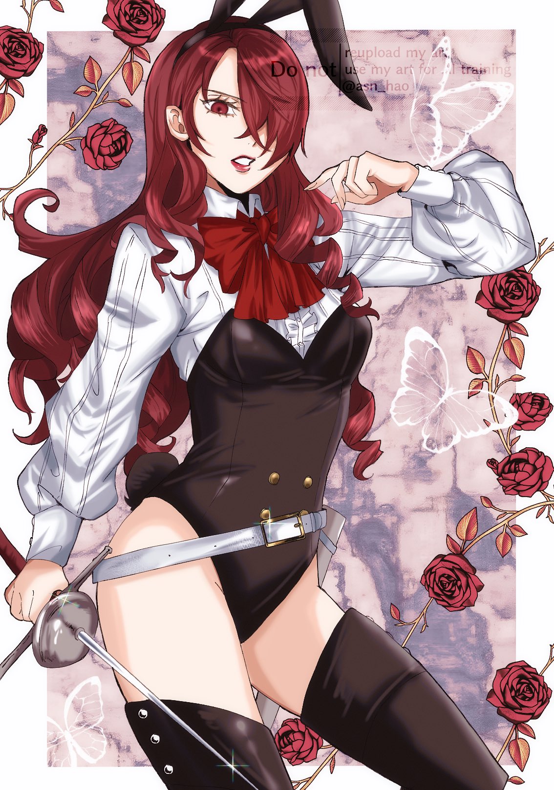 asn hao, kirijou mitsuru, persona, persona 3, commentary request, highres, 1girl, alternate costume, animal ears, black leotard, border, bow, eyelashes, fake animal ears, flower, hair over one eye, holding, holding sword, holding weapon, leotard, long hair, outside border, rabbit ears, rapier, red bow, red eyes, red flower, red hair, red lips, red rose, red thighhighs, rose, solo, sword, thighhighs, weapon, white border