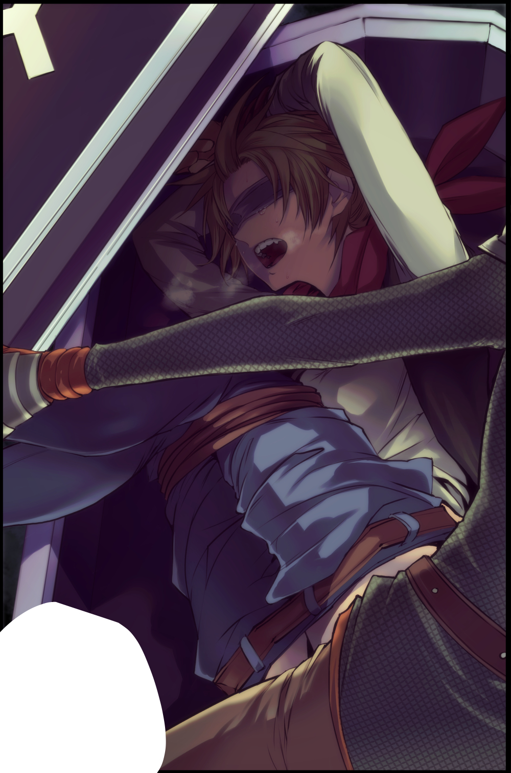 matudairaks, male builder (dqb2), dragon quest, dragon quest builders 2, commentary request, highres, 2boys, armor, arms tied above head, arms up, bdsm, belt, black vest, blank speech bubble, blindfold, blonde hair, blue pants, bondage, bound, bound arms, bound legs, brown belt, brown gloves, chainmail, clothes pull, coffin, convenient censoring, gloves, head out of frame, heavy breathing, lying, male focus, multiple boys, neckerchief, on side, open mouth, pants, pants pull, red neckerchief, rick (dqb2), sex, shirt, solo focus, speech bubble, spiked hair, tears, vest, white shirt, yaoi, yellow pants