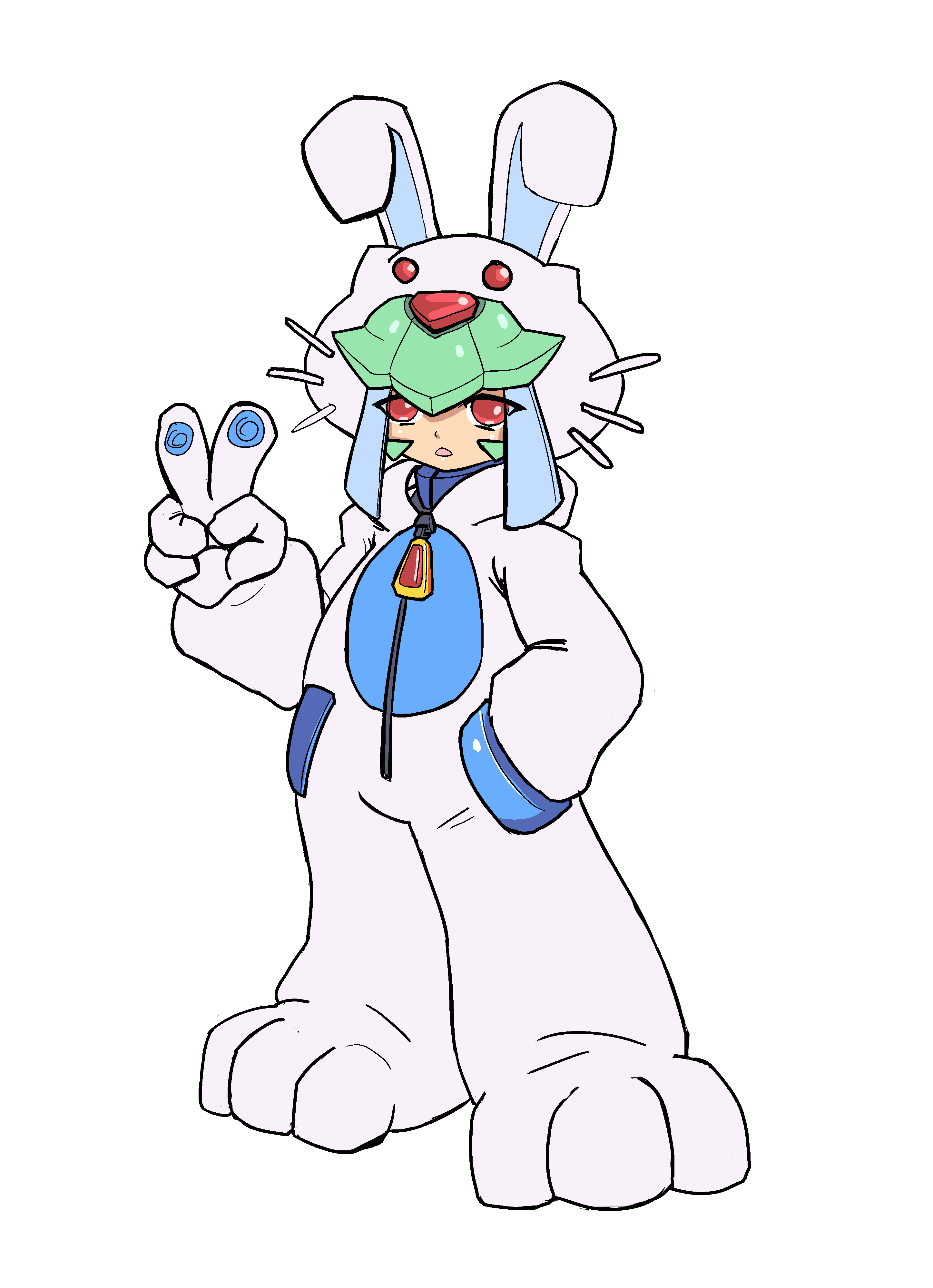 hayebsi, model w (mega man), pandora (mega man), mega man (series), mega man zx, absurdres, highres, 1girl, animal costume, bodysuit, forehead jewel, full body, green hair, hand in pocket, rabbit costume, red eyes, simple background, solo, v, white background, white bodysuit