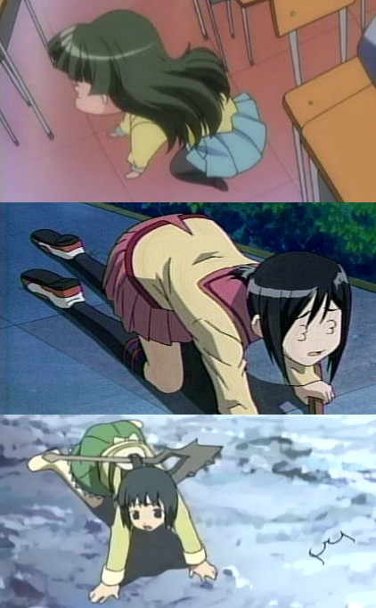 hida sayuri, tachibana rei, gokujou seitokai, pani poni dash!, anime screenshot, character request, 00s, 1girl, 3 3, all fours, glasses, long hair, looking for glasses, pantyhose, prostration, school uniform, short hair, squinting, unworn eyewear, weapon, weapon on back