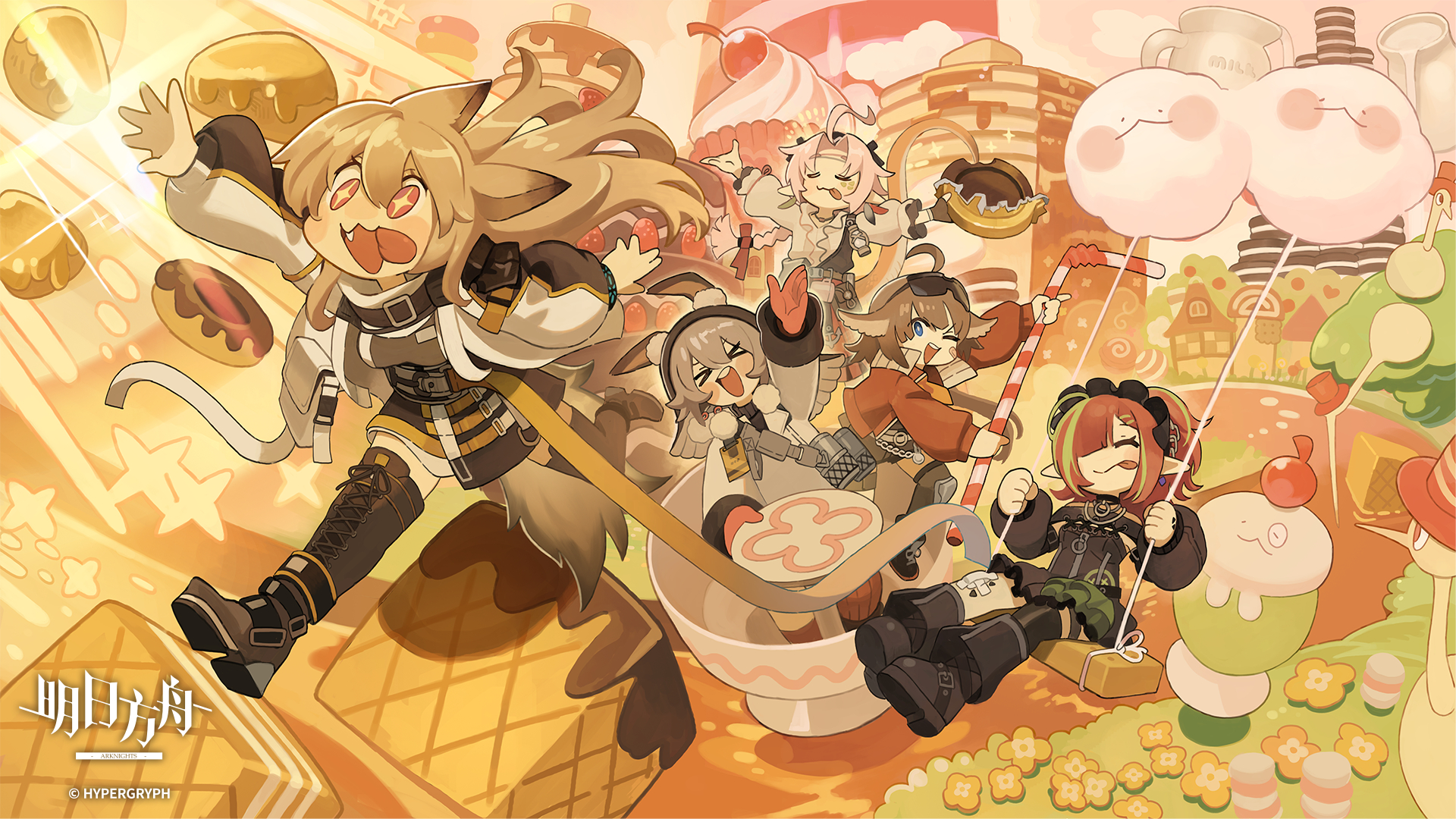 whitebear, aciddrop (arknights), caper (arknights), ceobe (arknights), rose salt (arknights), tecno (arknights), arknights, chinese commentary, commentary request, highres, official art, > <, + +, 5girls, :d, :p, ahoge, animal ears, bottle, braid, brown hair, cake, chocolate, cotton candy, donut, drinking straw, eyewear on head, food, gloves, hair ornament, holding, holding chocolate, holding food, long hair, milk bottle, multiple girls, one eye closed, open mouth, pink hair, pointy ears, red gloves, ribbon, smile, sunglasses, tail, tongue, tongue out, xd
