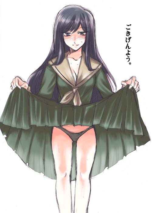 mizuryu kei, ogasawara sachiko, maria-sama ga miteru, rule of rose, translated, 1girl, black hair, black panties, blush, brown neckerchief, clothes lift, dress, dress lift, female focus, grin, long hair, neckerchief, panties, parody, simple background, skirt, skirt lift, smile, solo, underwear, upskirt, white background