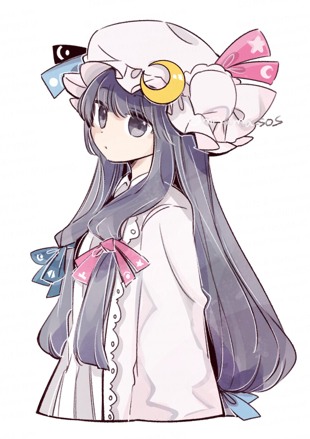 tama (hiroshige 36), patchouli knowledge, touhou, highres, 1girl, :o, crescent, crescent hat ornament, dress, expressionless, from side, hair ribbon, hat, hat ornament, long hair, long sleeves, mob cap, purple eyes, purple hair, ribbon, solo, upper body, white background, white dress