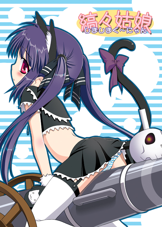 kannazuki genshi, kooh (pangya), pangya, animal ears, back, blue hair, blue panties, blush, bow, cannon, cat ears, cat tail, clothes lift, garter belt, hair ribbon, hairband, looking back, midriff, miniskirt, panties, red eyes, ribbon, skirt, skirt lift, solo, straddling, striped clothes, striped panties, tail, tail ornament, tail ribbon, thighhighs, twintails, underwear, white thighhighs
