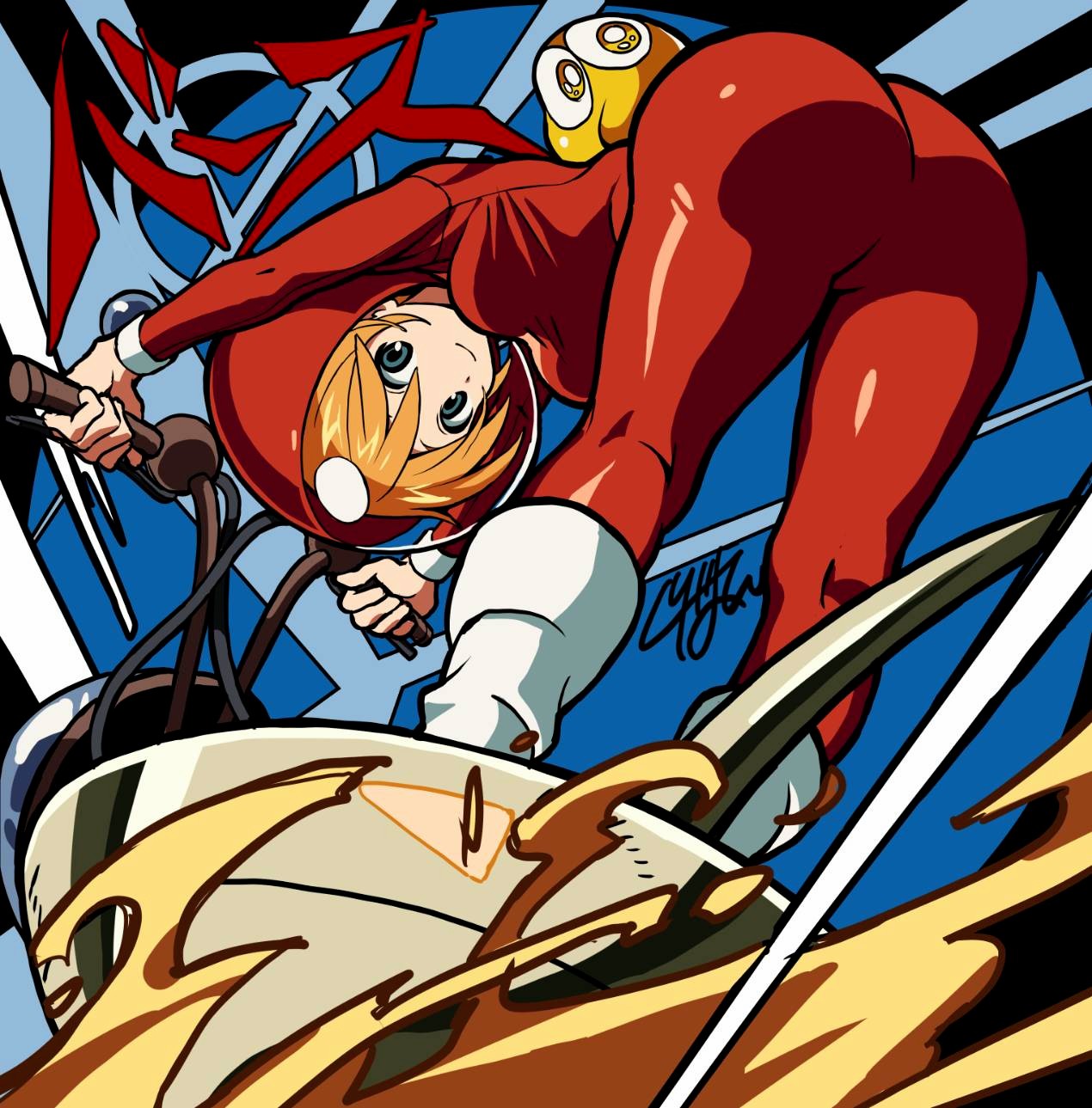 moffumofu0000, mongaa (birth), rasa jupiter, birth (oav), highres, 1girl, ass, blue background, blue eyes, bodysuit, boots, breasts, creature on back, driving, dust, helmet, hover bike, orange hair, red bodysuit, smile, space helmet, thighs, white boots, yellow eyes