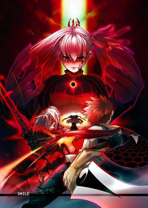fuzuki yoshihiro, artoria pendragon (fate), dark matou sakura, dark sakura, emiya shirou, matou sakura, saber (fate), saber alter, saber alter (second ascension), tohsaka rin, fate/stay night, fate (series), striped, 00s, 1boy, 3girls, armor, armored dress, battle, belt, black hole, bleeding, blonde hair, blood, clenched teeth, corruption, dark persona, dress, dual wielding, energy, excalibur morgan (fate), fingernails, floating hair, glowing, glowing eyes, holding, long hair, magic, multiple girls, red hair, sky, sword, teeth, turtleneck, vertical stripes, very long hair, weapon, yellow eyes