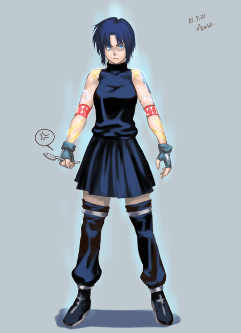 azusa (hws), ciel (tsukihime), powered ciel, tsukihime, 00s, 1girl, aura, bare shoulders, battle aura, blue eyes, blue hair, female focus, fingerless gloves, gloves, glowing, holding, holding spoon, matching hair/eyes, short hair, sleeveless, solo, spoon, tattoo