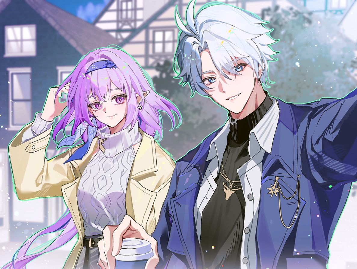 2 0 9, castorice (honkai: star rail), phainon (honkai: star rail), honkai: star rail, honkai (series), hashtag-only commentary, 1boy, 1girl, ahoge, black sweater, blue eyes, blue hairband, blue jacket, breasts, brown jacket, castorice (luckin coffee) (honkai: star rail), cup, disposable cup, earrings, hairband, holding, holding cup, jacket, jewelry, medium breasts, necklace, official alternate costume, outdoors, phainon (luckin coffee) (honkai: star rail), pointy ears, purple eyes, purple hair, short hair, smile, sweater, turtleneck, turtleneck sweater, white hair, white sweater